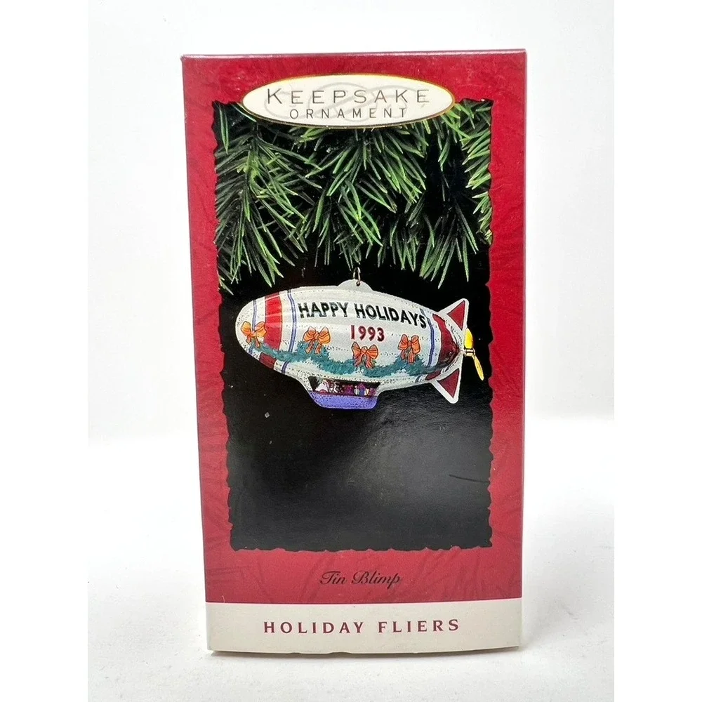 Vintage 1993 Hallmark Keepsake Ornament Holiday Fliers Tin Blimp Santa Red White